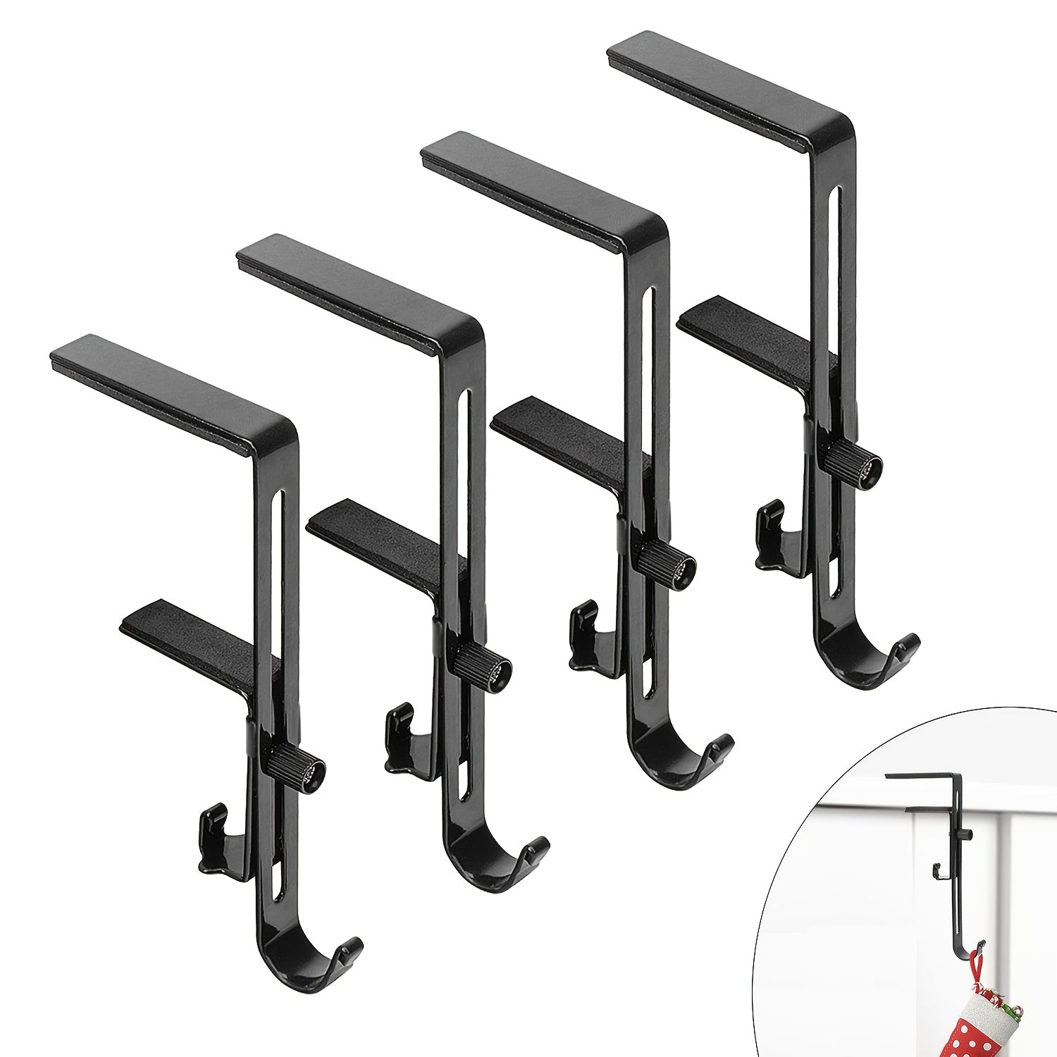 Set of Four Adjustable Metal Christmas Stocking Holders for Mantle Fireplace Decor