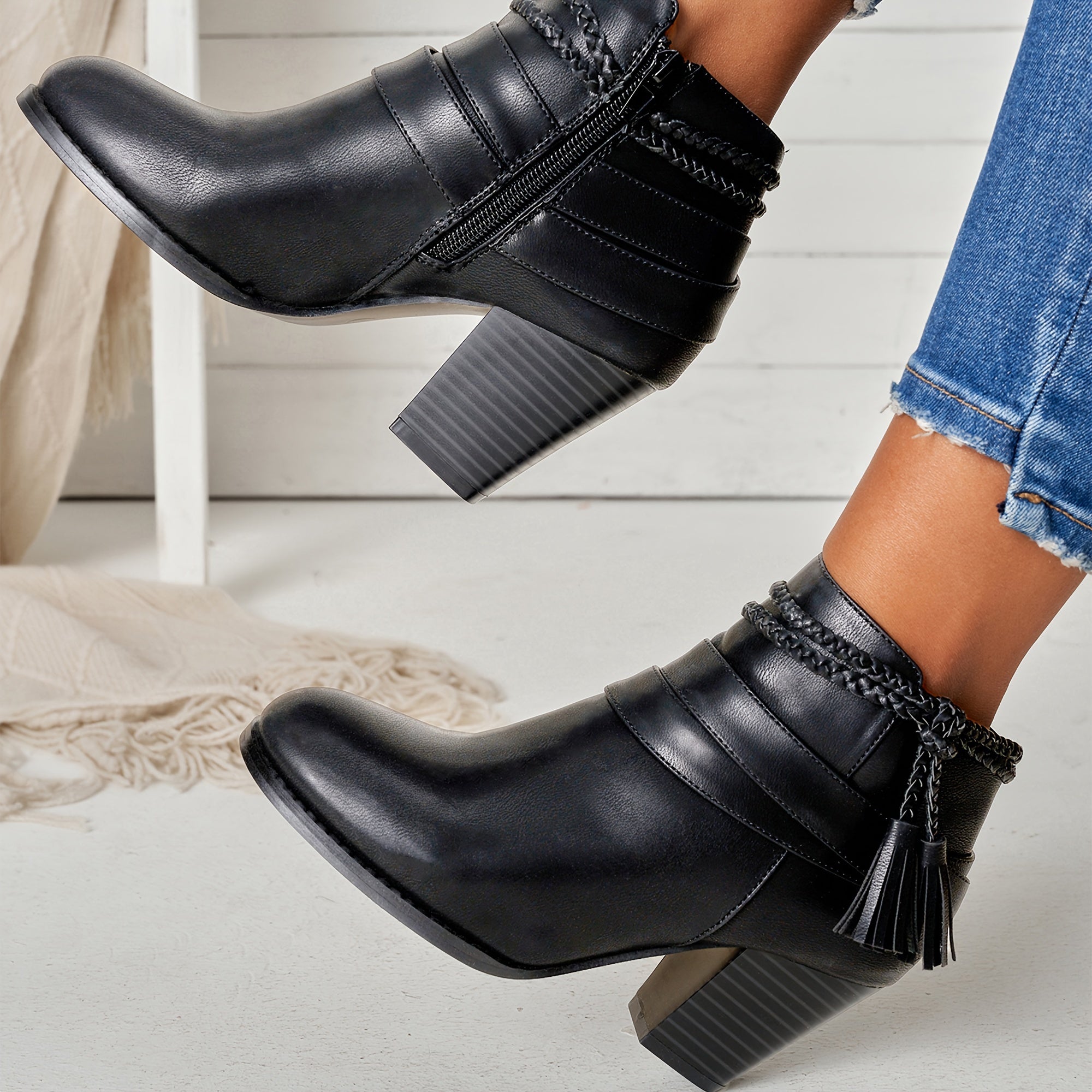 Women's Chelsea Ankle Boots PU Cover Block Heel Side Zipper