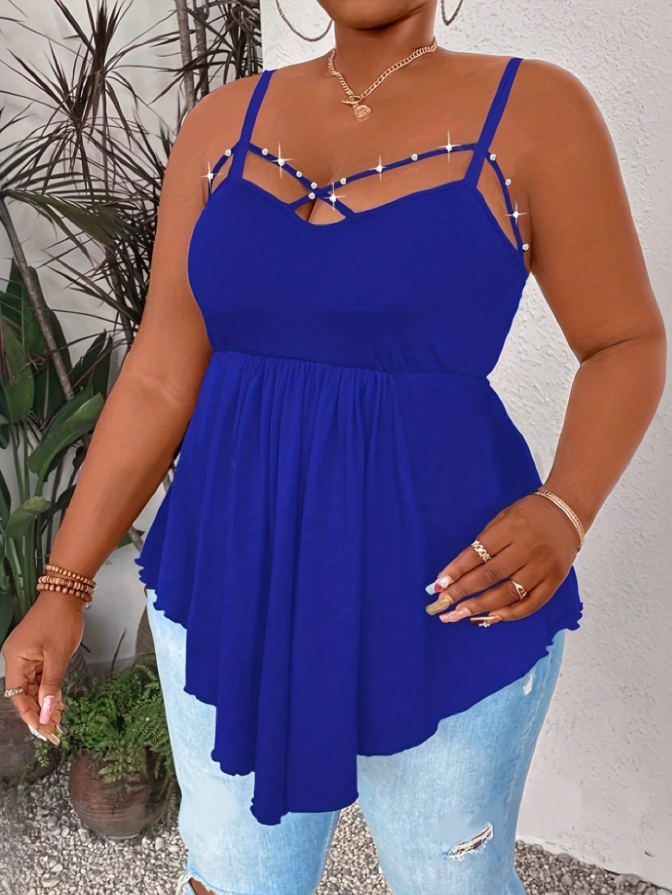 Женская майка с V-образным вырезом, без рукавов, асимметричный дизайн, жемчуг, увеличенного размера