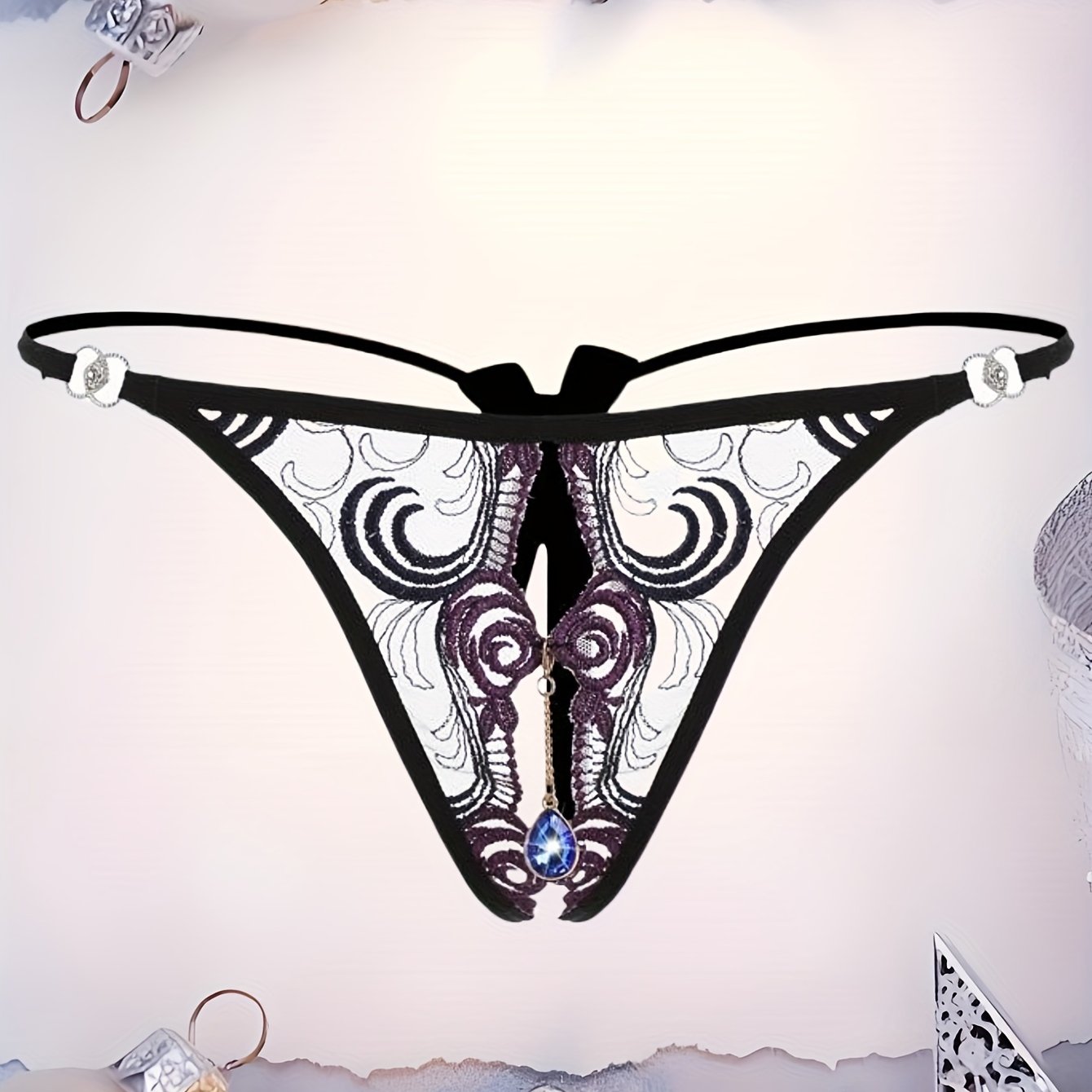 Women's Low-Waist Lingerie T-Pants with Transparent Fabric Embroidery and Rhinestones