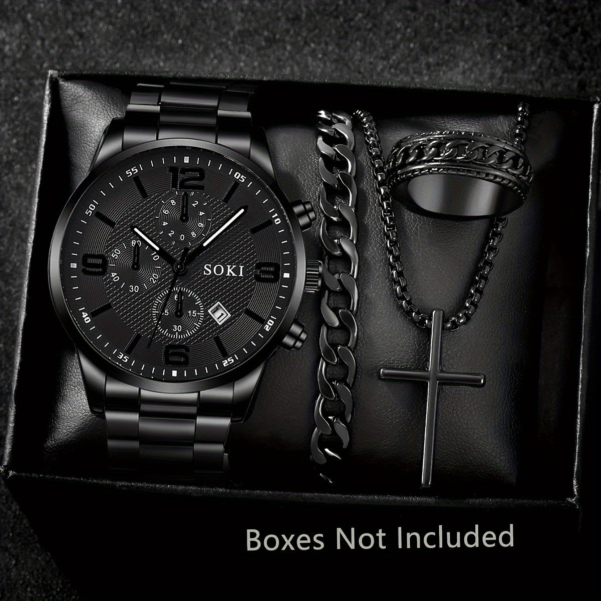 Men's Quartz Watch Set with 4 Pieces Alloy Case Stainless Steel Strap Calendar Non-Waterproof Electronic Movement