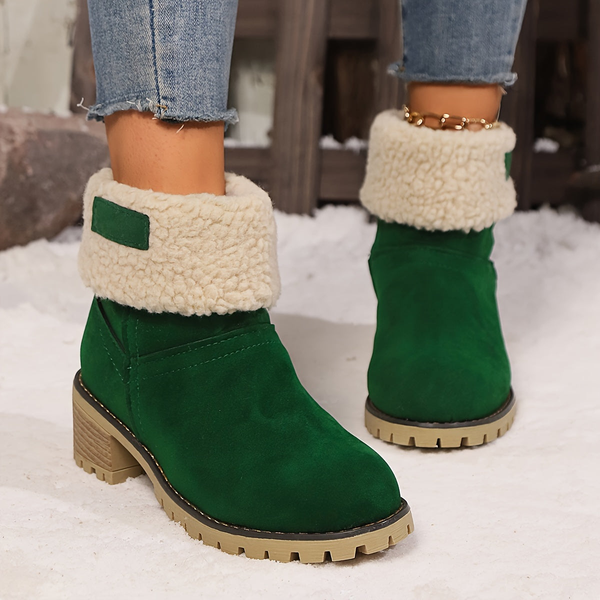 Women's Winter Slip-On Chunky Heel Snow Boots with Faux Fur Lining