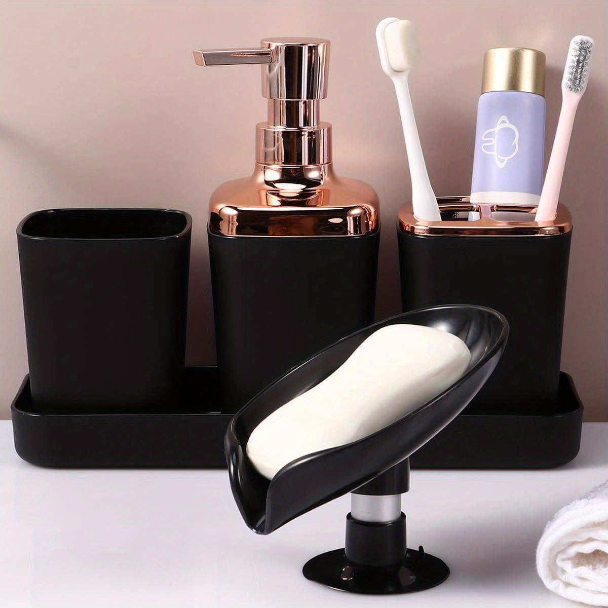 Black Bathroom Accessories Set with Lotion Dispenser Toothbrush Holder and Soap Dish