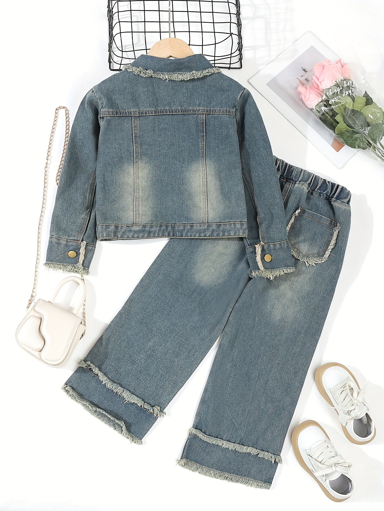 Girls Denim Two-Piece Set Autumn Retro Solid Color Woven Cotton Polyester