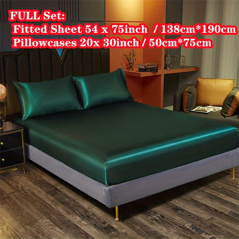 Satin Bedding Set 3 Pieces Fitted Sheet and Pillowcases Solid Color