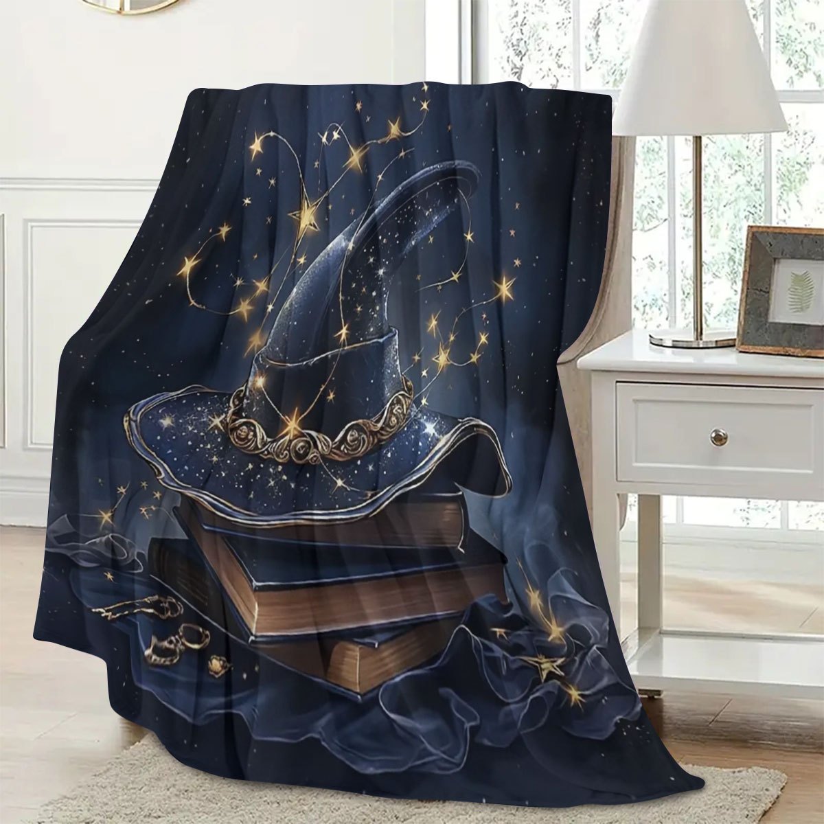 Halloween Large Book and Witch Hat Printed Flannel Fleece Throw Blanket