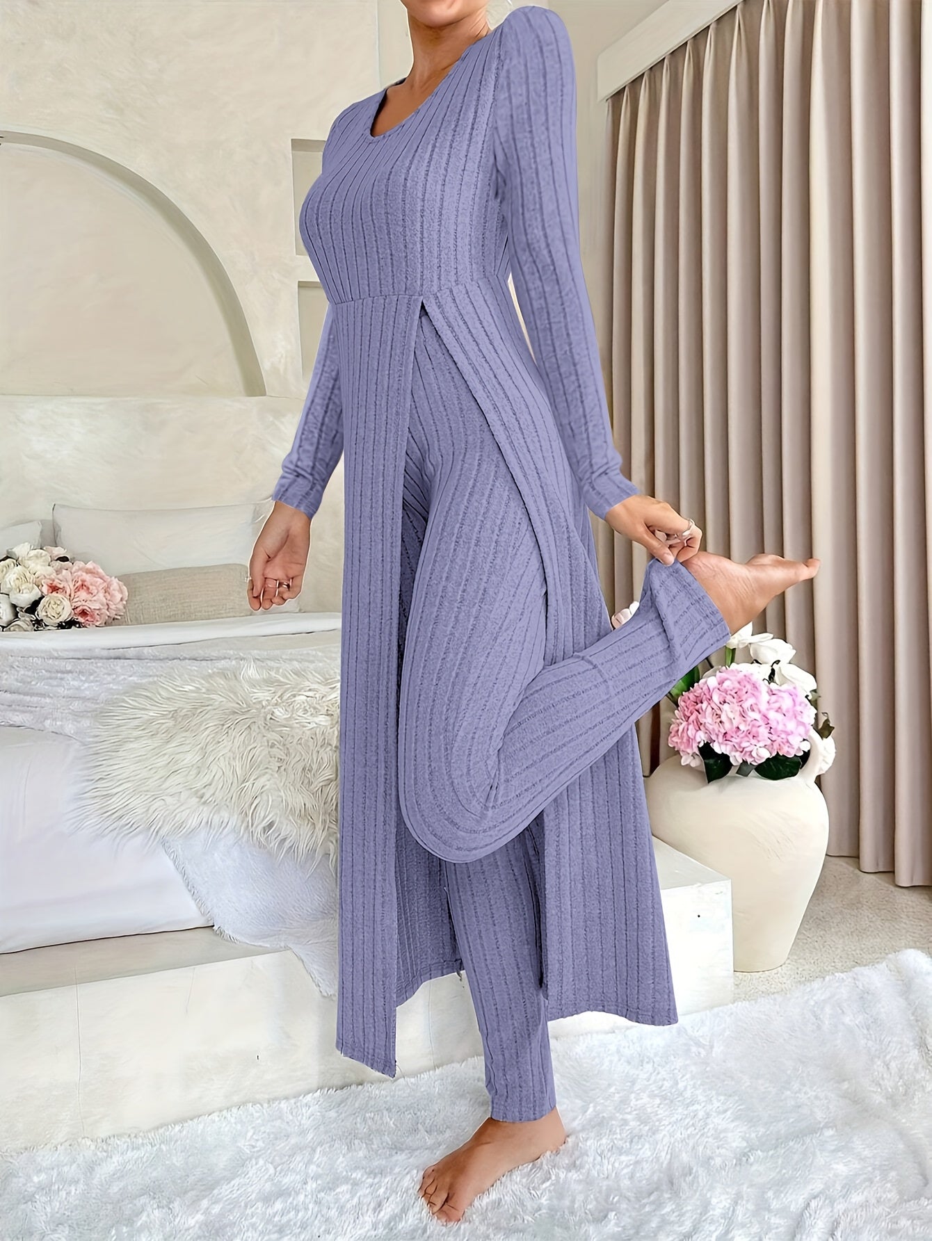 Women's Ribbed Long-Sleeved Top and Pants Set Polyester Solid Casual All-Season