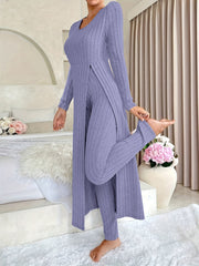 Women's Ribbed Long-Sleeved Top and Pants Set Polyester Solid Casual All-Season