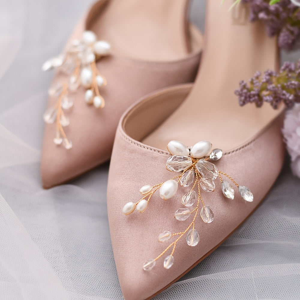 Set of Bridal Pearl Shoe Clips with Floral Beading for Weddings and DIY Decor