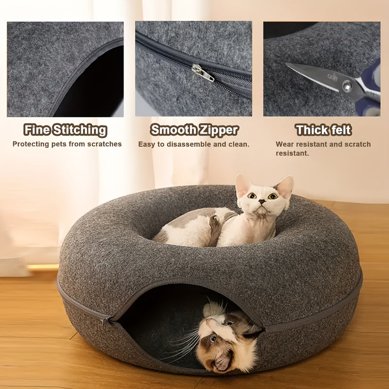 Donut-Shaped Cat Bed with Felt Tunnel and Canvas House for Small to Medium Cats Ferrets and Rabbits