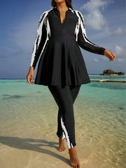 Комплект скромного купальника большого размера с полосатой длинной рукавом топом и брюками