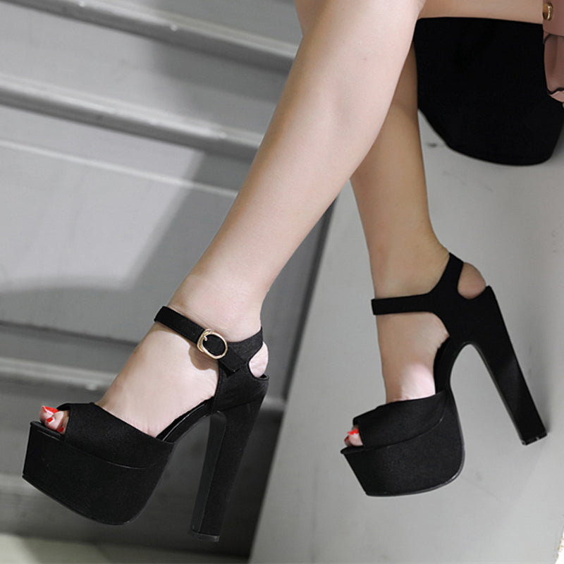 Black Peep Toe Slingback Heels with Ankle Buckle Strap for Parties and Shows