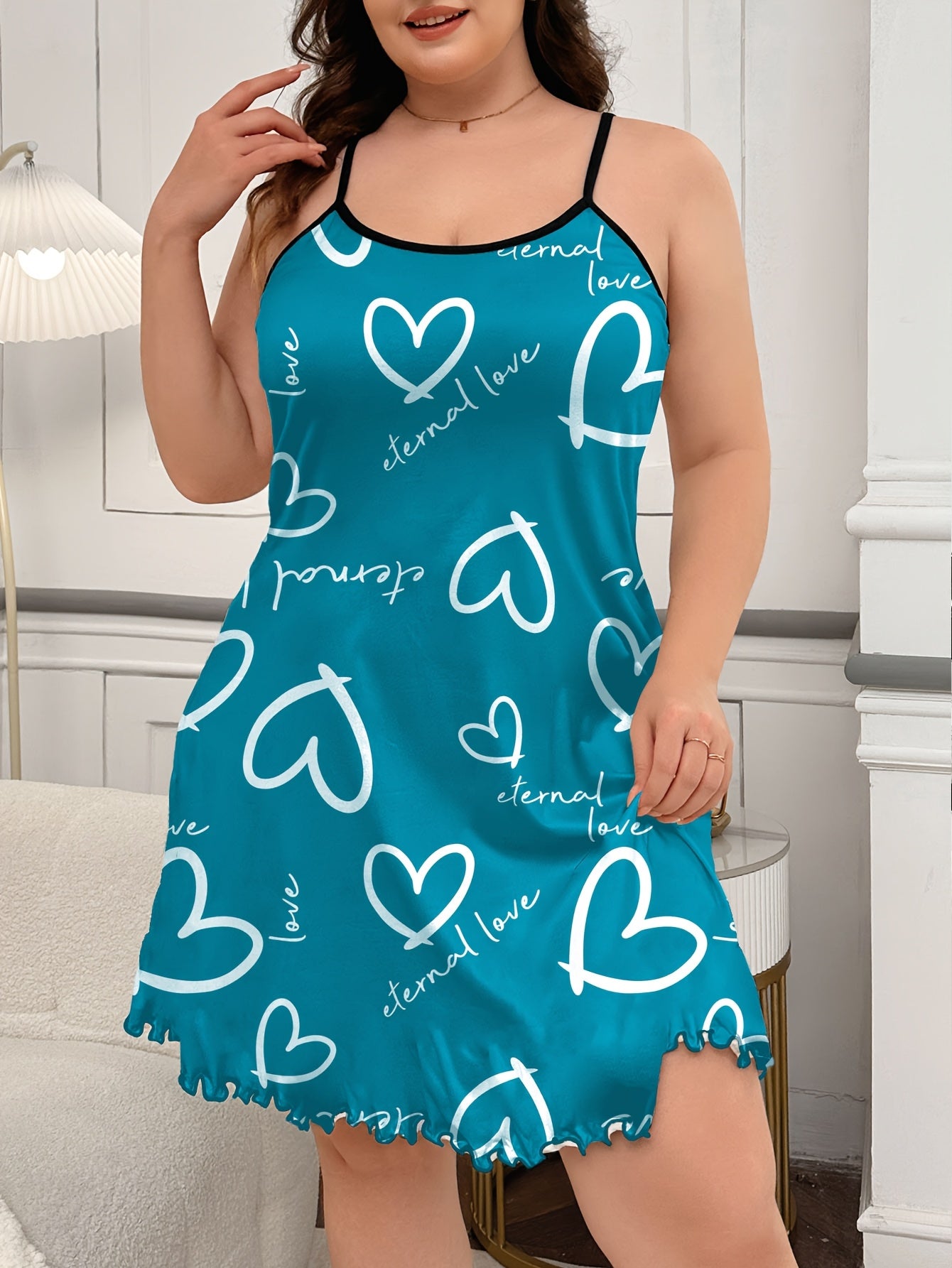 Women Plus Size Heart Pattern Spaghetti Strap Nightgown Polyester Sleepwear