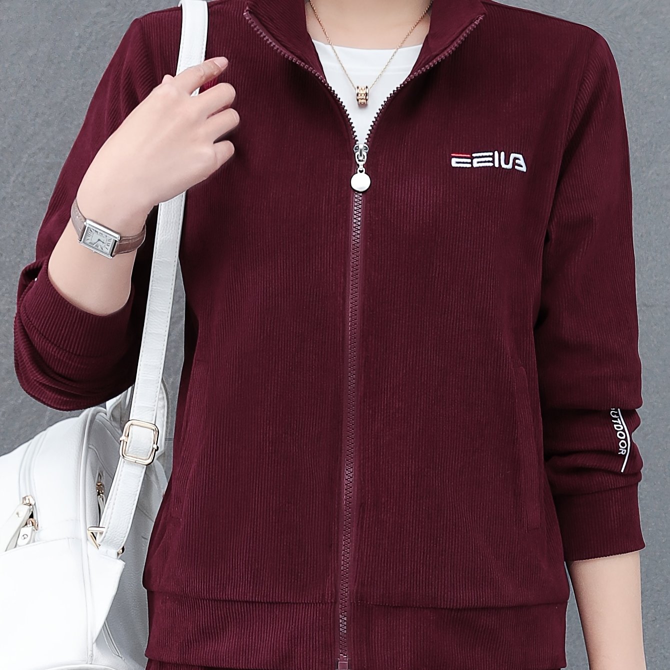 Women's Plus Size Olive Green Corduroy Jacket Casual Zip-Up Outerwear