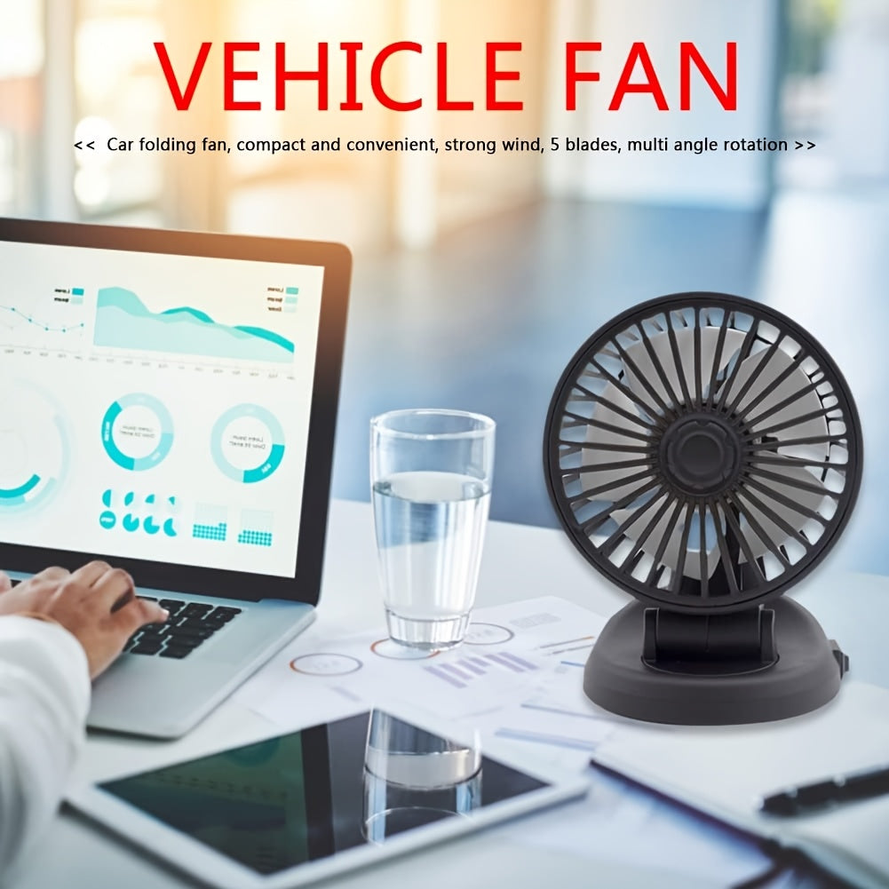 Portable Car Folding Fan with 5V USB Power Low Noise Adjustable Head Multi-Angle Rotation for RVs Trucks and Home