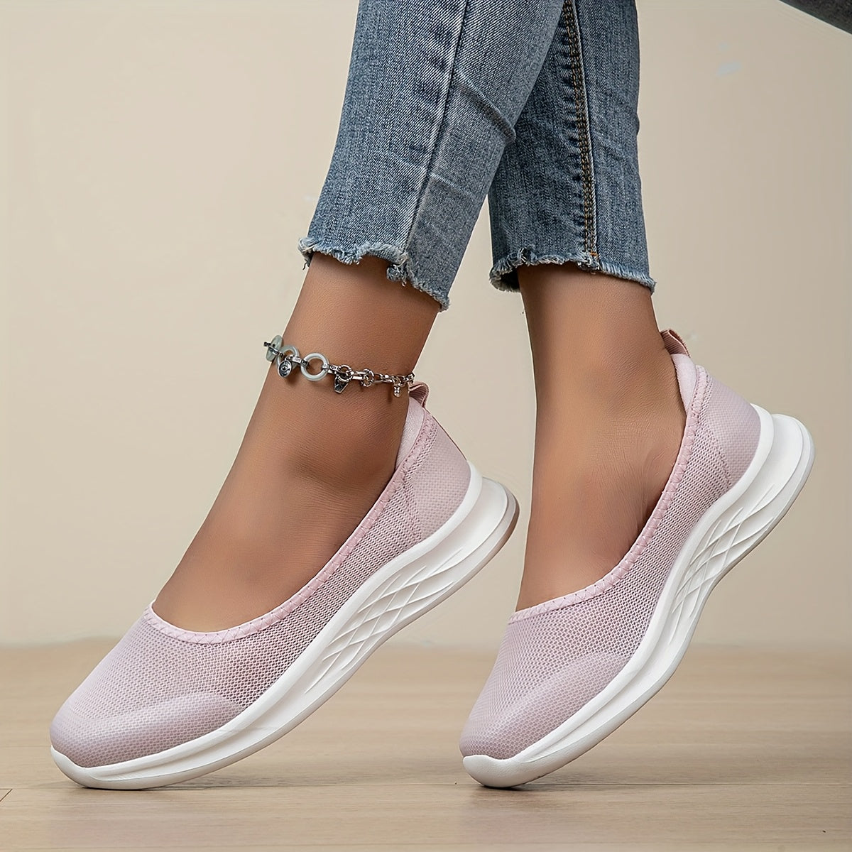 Women's Slip-On Loafers Breathable Mesh Casual Shoes Light Pink White