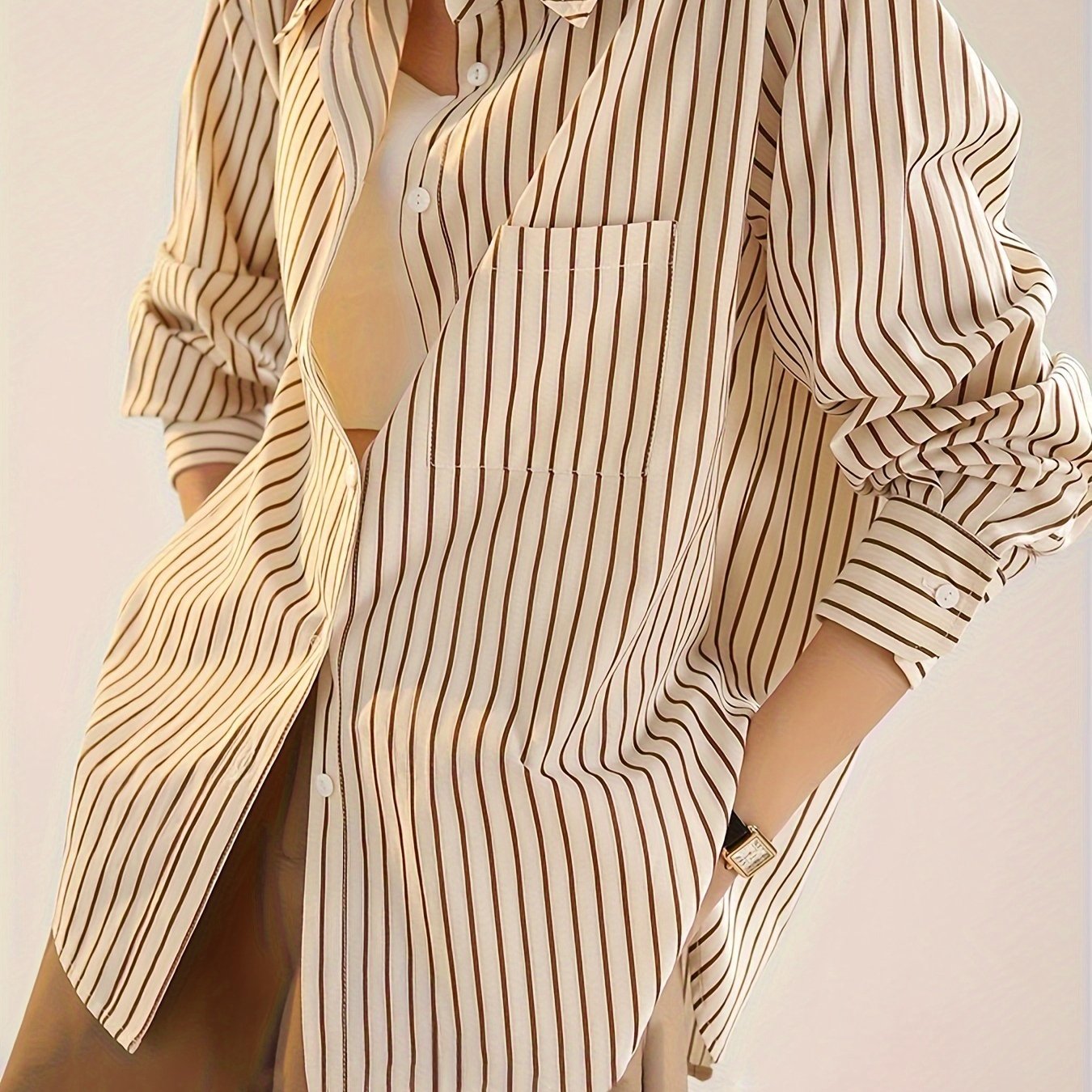 Women's Long Sleeve Striped Button-Up Shirt with Polo Collar for Spring Summer