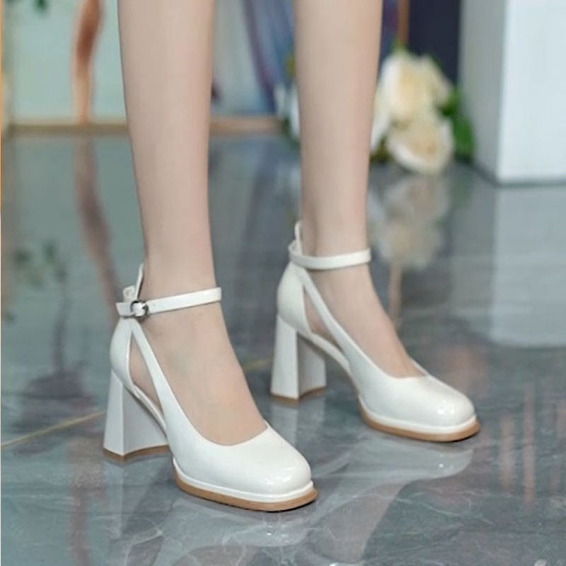 Women Chunky Heel High Heels Square Toe Low Top Shoes Shallow Mouth Rubber