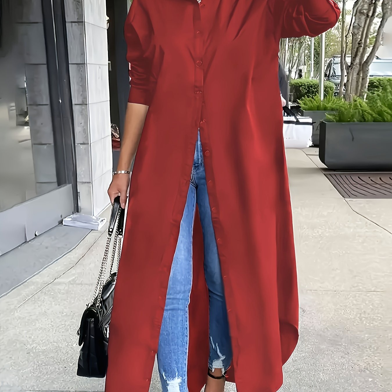 Plus Size Women's Solid Button Front Shirt Dress for Spring and Fall