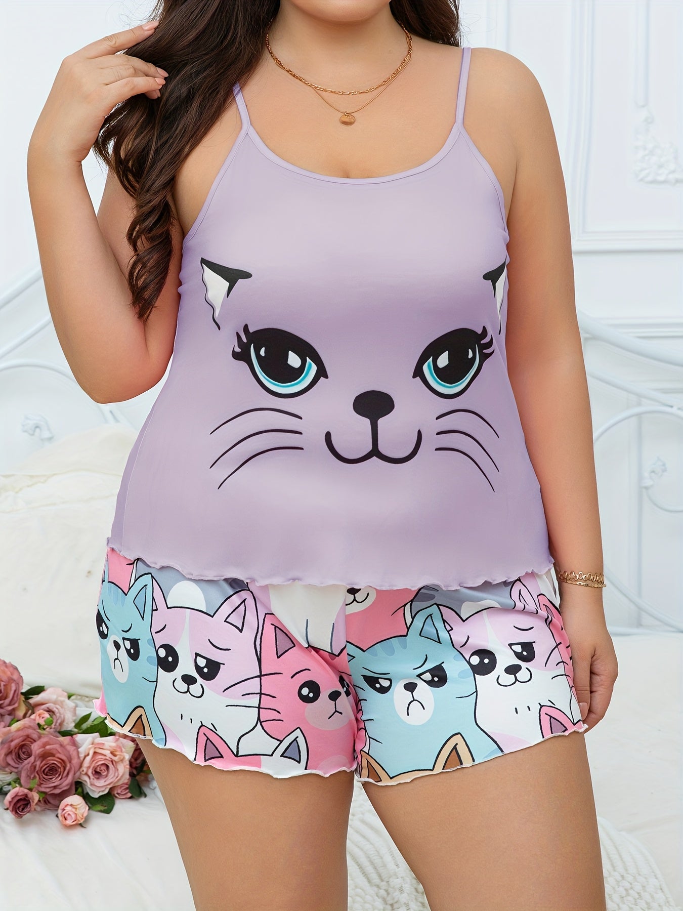 Plus Size Women's Cotton Cat Print Camisole Shorts Set