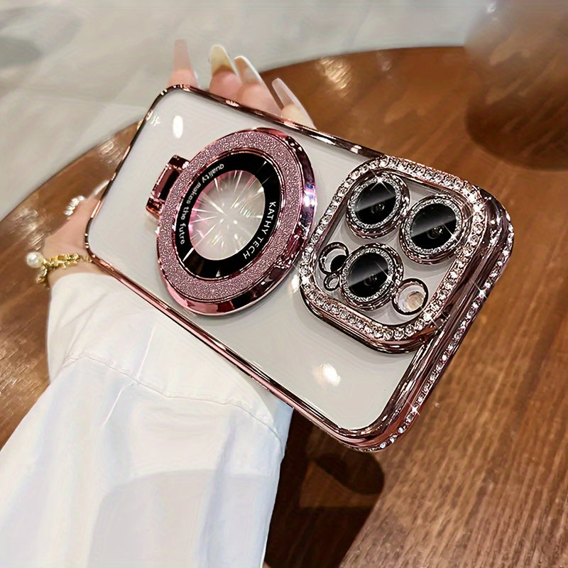 Luxury Rhinestone Glitter Magnetic TPU Phone Case for iPhone 12-16 Pro Max Plus with Shockproof Bumper