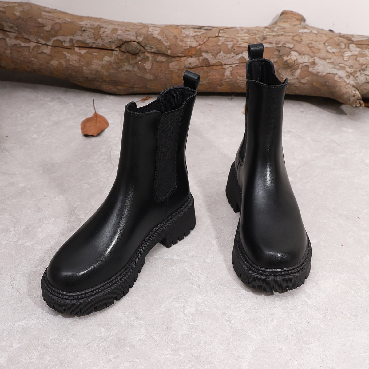 Women's Faux Leather Chunky Sole Mid-Calf Ankle Boots with Low Heel