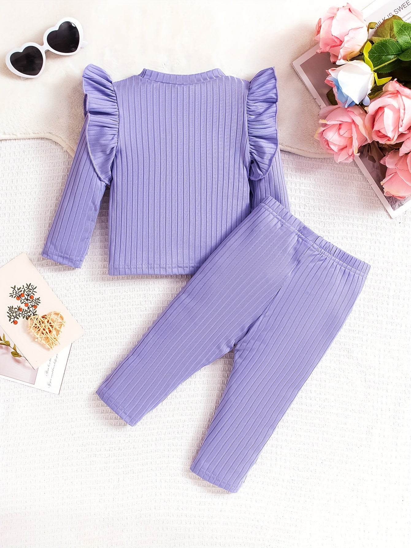Baby Girl Clothing Set with Long Sleeve Petal Pink Striped Top and Pants for Autumn Outdoor Activities