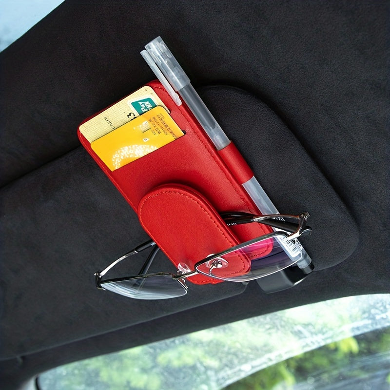 Faux Leather Car Sunglass Holder with Magnetic Clip and Card Storage