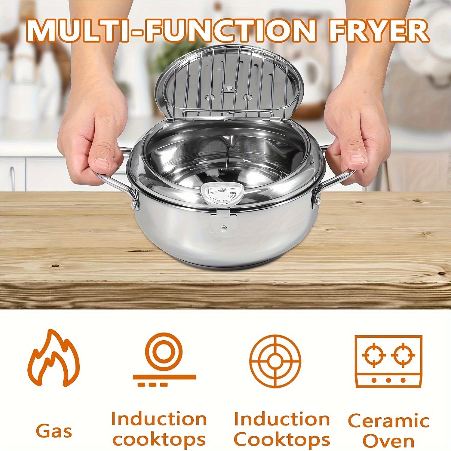 Stainless Steel Deep Fryer Pot 2.2L with Temperature Display for Gas and Induction