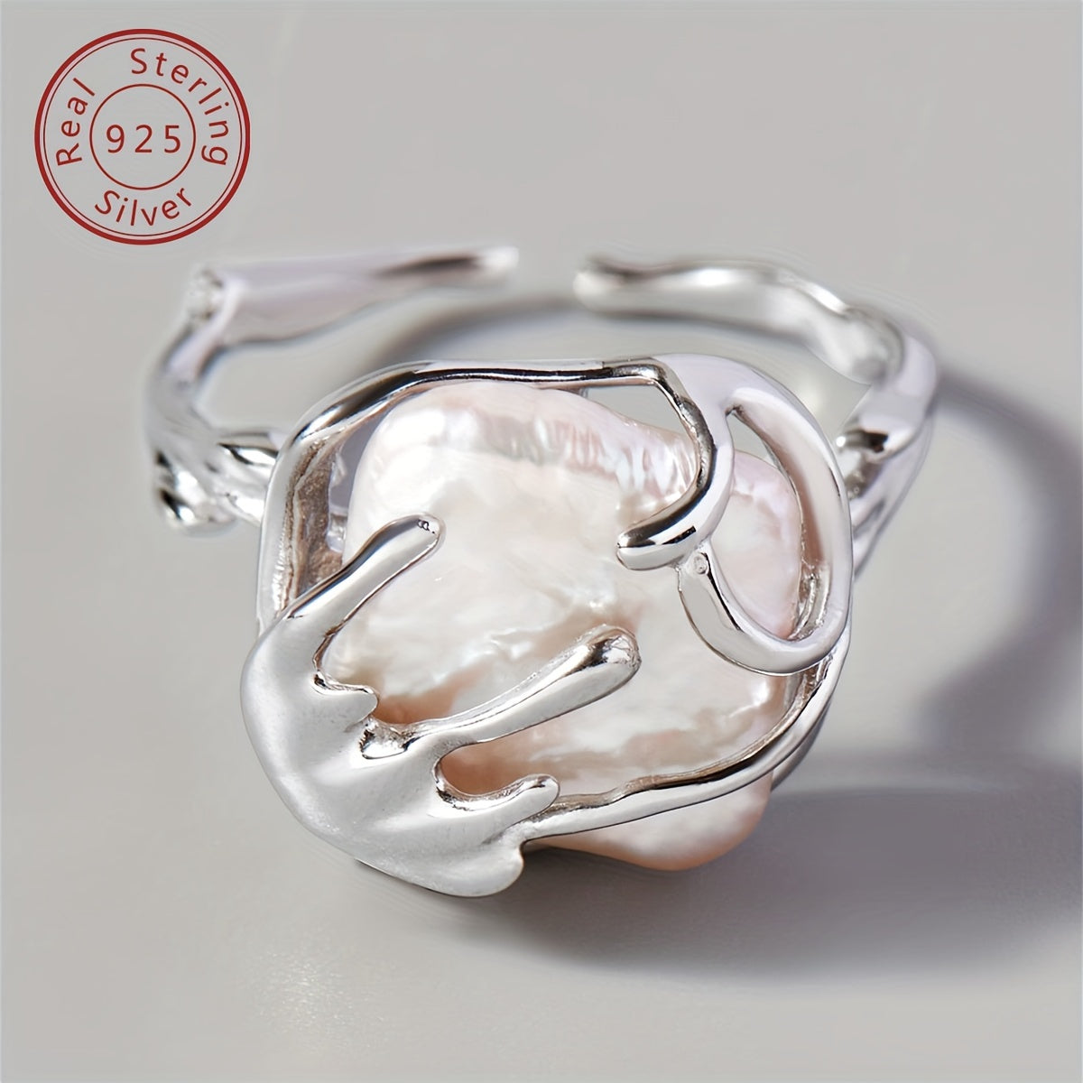 Кольцо из стерлингового серебра с пресноводным жемчугом и текстурой раттана для женщин