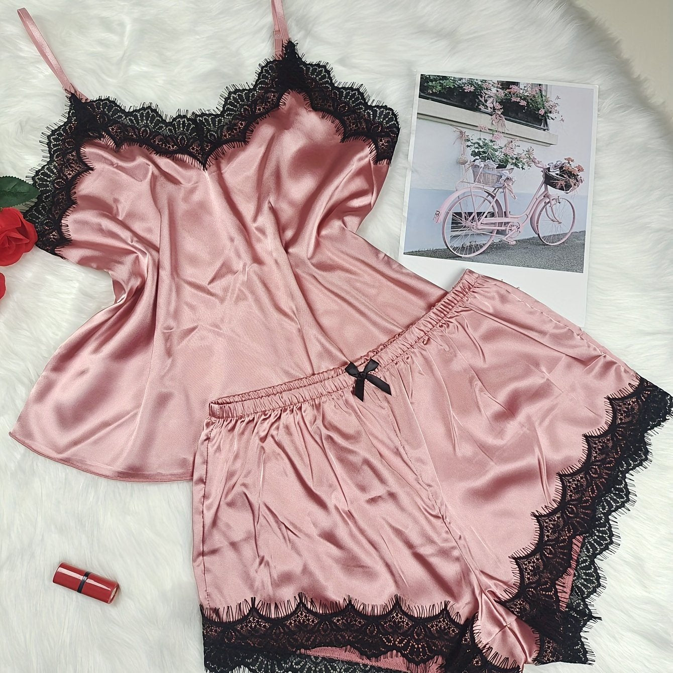 Women's Sexy Pajama Set with V-Neck Off-Shoulder Lace Trim Polyester Blend