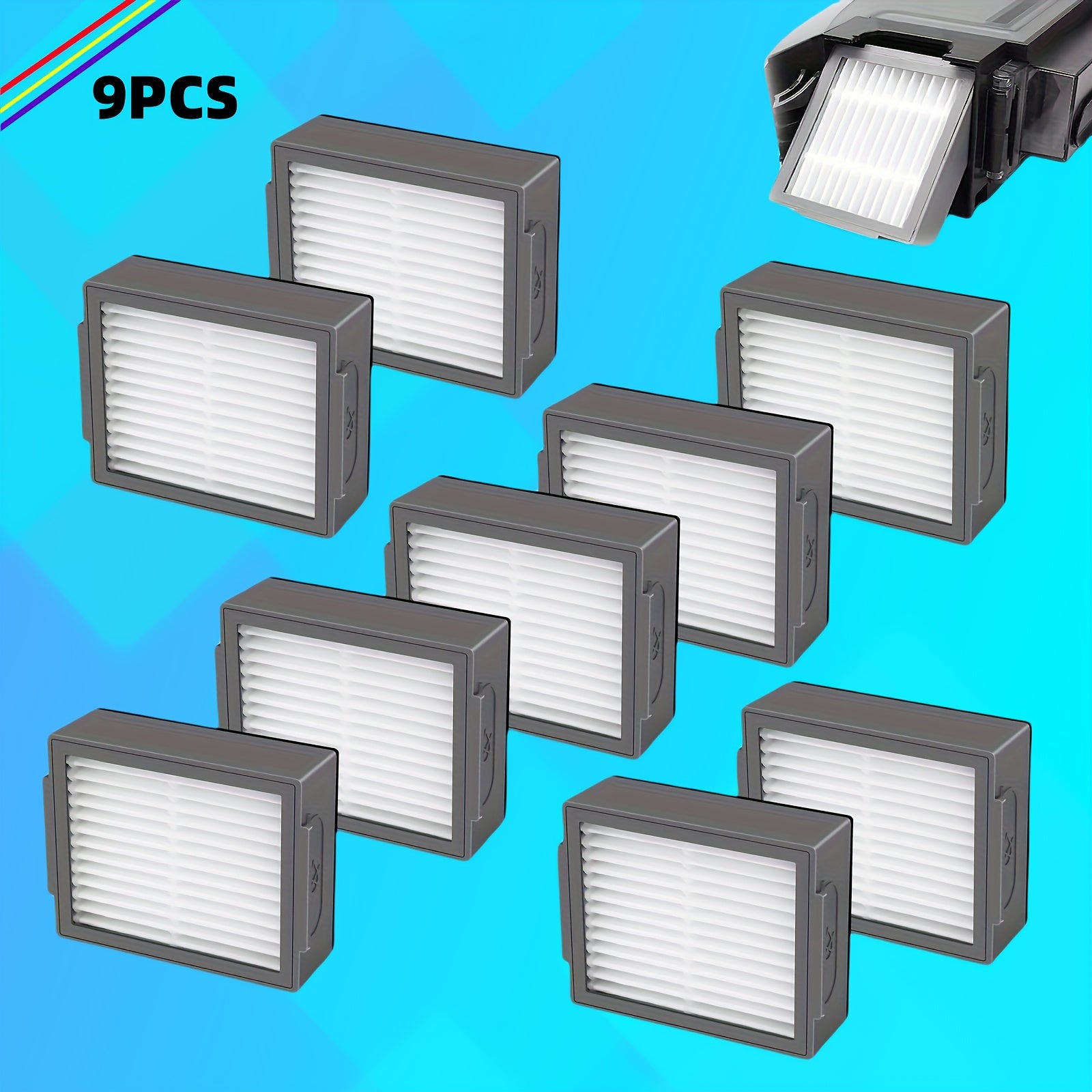 9 dona HEPA filtrlar Irobot IJ seriyali changyutgichlar bilan mos keladi, I7, I7+, I3, I3+, E5, E6, E7, I4, I4+, I5, I5+, I6, I6+, I8, I8+ uchun plastik pol ulanishi almashtirishni o'z ichiga oladi.