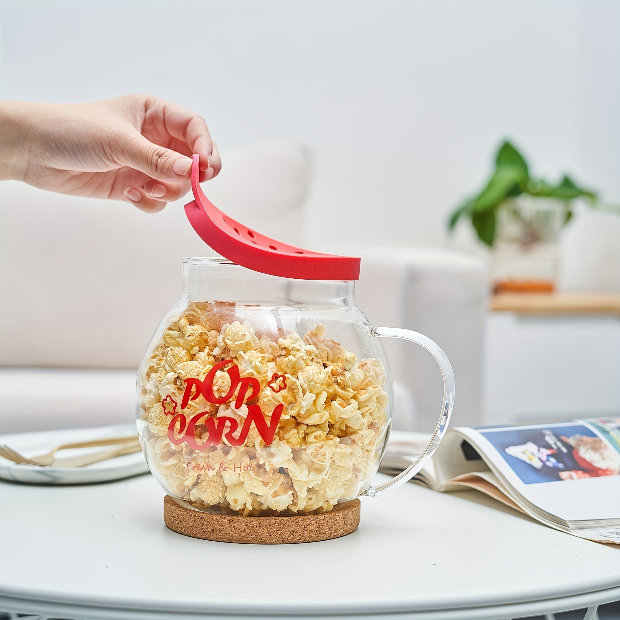 Glass Microwave Popcorn Popper with Silicone Lid and Cork Coaster
