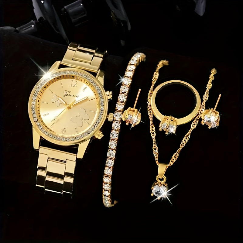 Women's Quartz Watch and Jewelry Set with Rhinestones and Stainless Steel Band