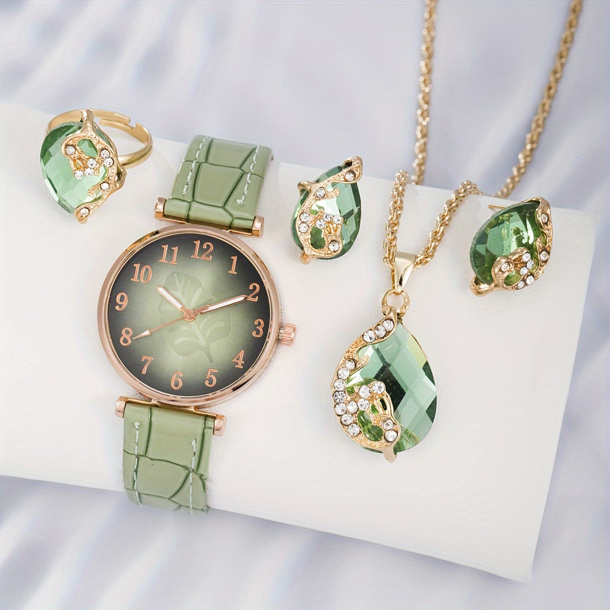 Set de relojes de cuarzo para mujer con esfera de hoja y joyería a juego