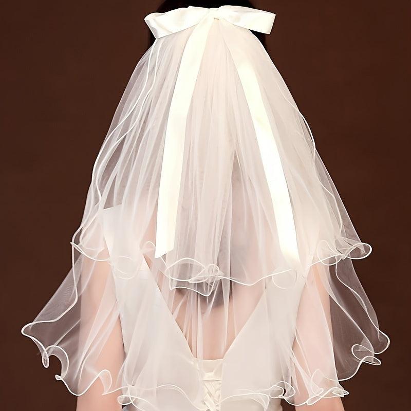 Women's Bridal Tulle Veil with Pearl Crown and Butterfly Knot for Weddings