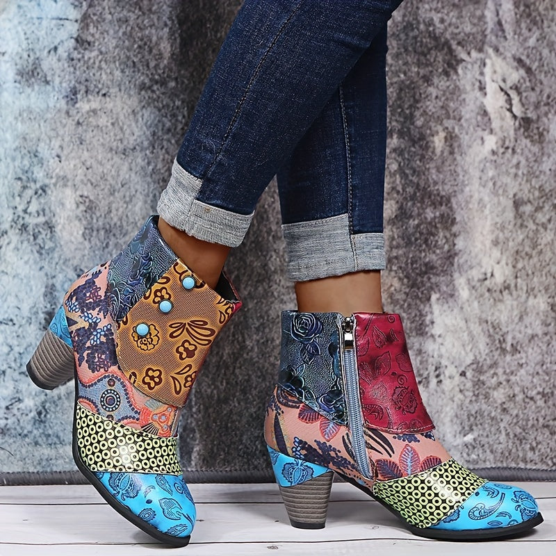 Women's Floral Pattern Ankle Boots with Chunky Heel and Side Zipper