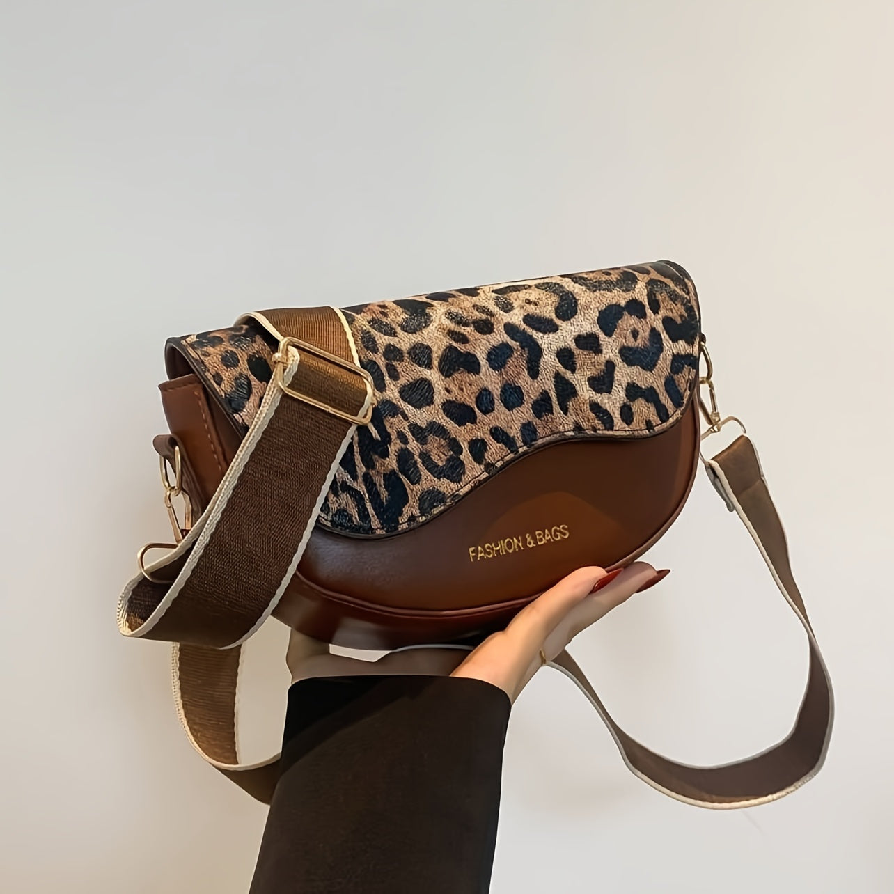 Women's Faux Leather Crossbody Bag with Leopard Print Flap and Magnetic Closure