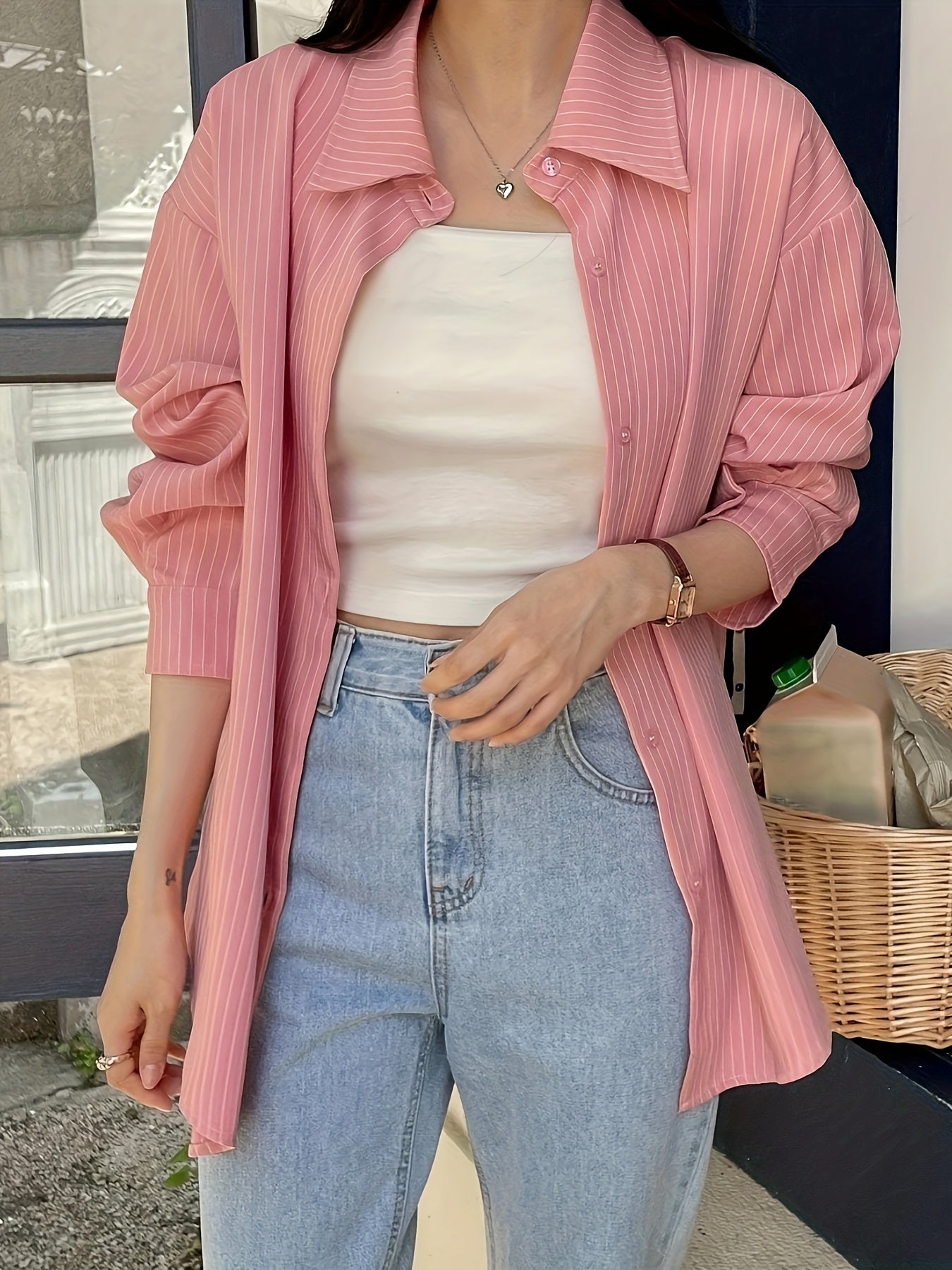 Women's Light Pink Striped Long Sleeve Polyester Shirt for Spring Summer Fall