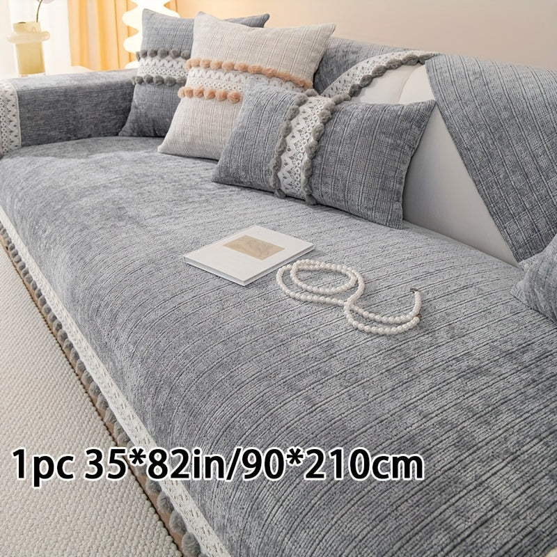 Зеленый чехол для дивана из шенилла с помпонами - водонепроницаемый и дружелюбный к домашним животным, подходит для всех размеров диванов (на 1-4 человека) - легкий в уходе, можно стирать в машине, с кисточками, идеален для любого декора комнаты