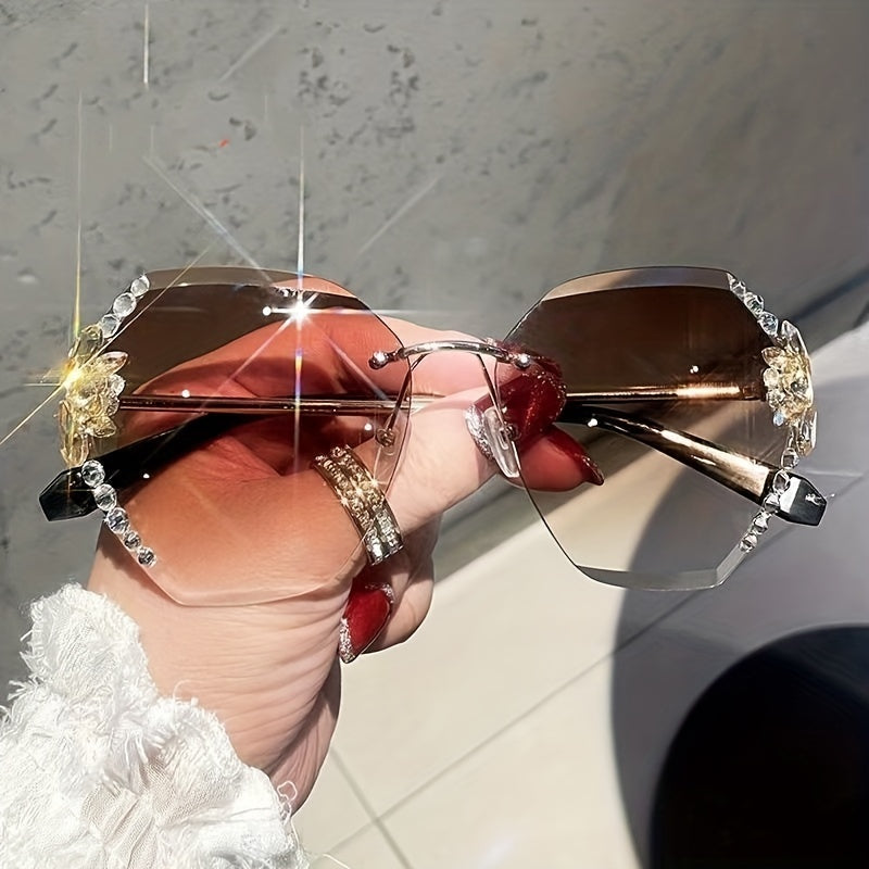 Women's Rimless Oversized Gradient Lens Glasses with Rhinestone Accents for Beach and Casual Wear