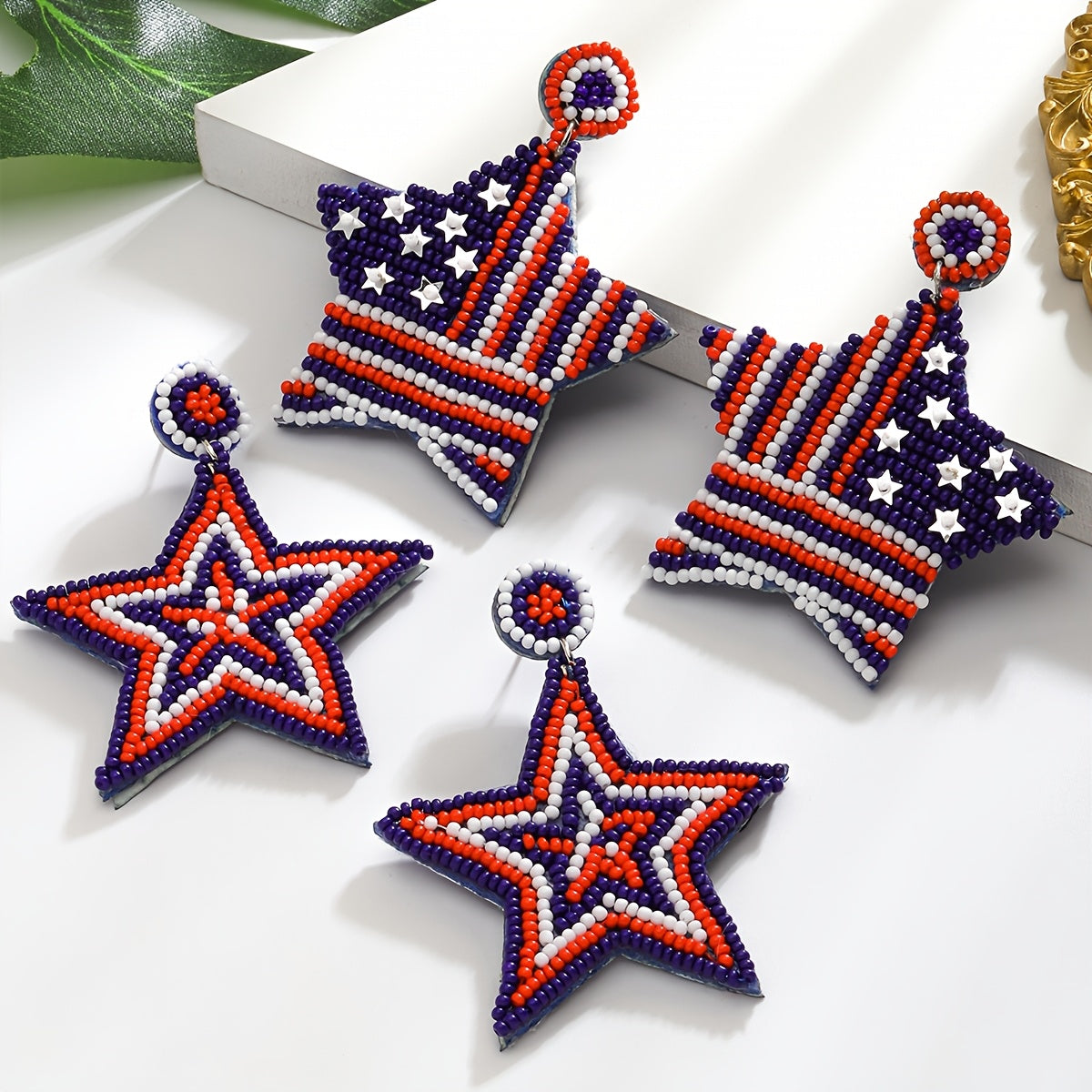 Beaded American Flag Earrings with Celestial Symbols Boho Chic Stainless Steel Posts