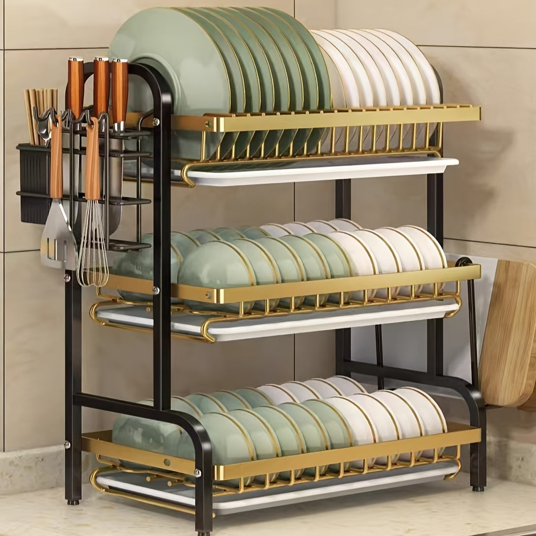 Premium Carbon Steel 3-Tier Dish Rack with Drainboard for Kitchen Organization