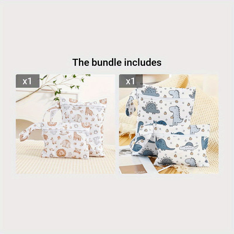 Набор из 2 милых сумок для подгузников с принтом животных с ручками и молниями - водонепроницаемые, удобное хранение для детских принадлежностей