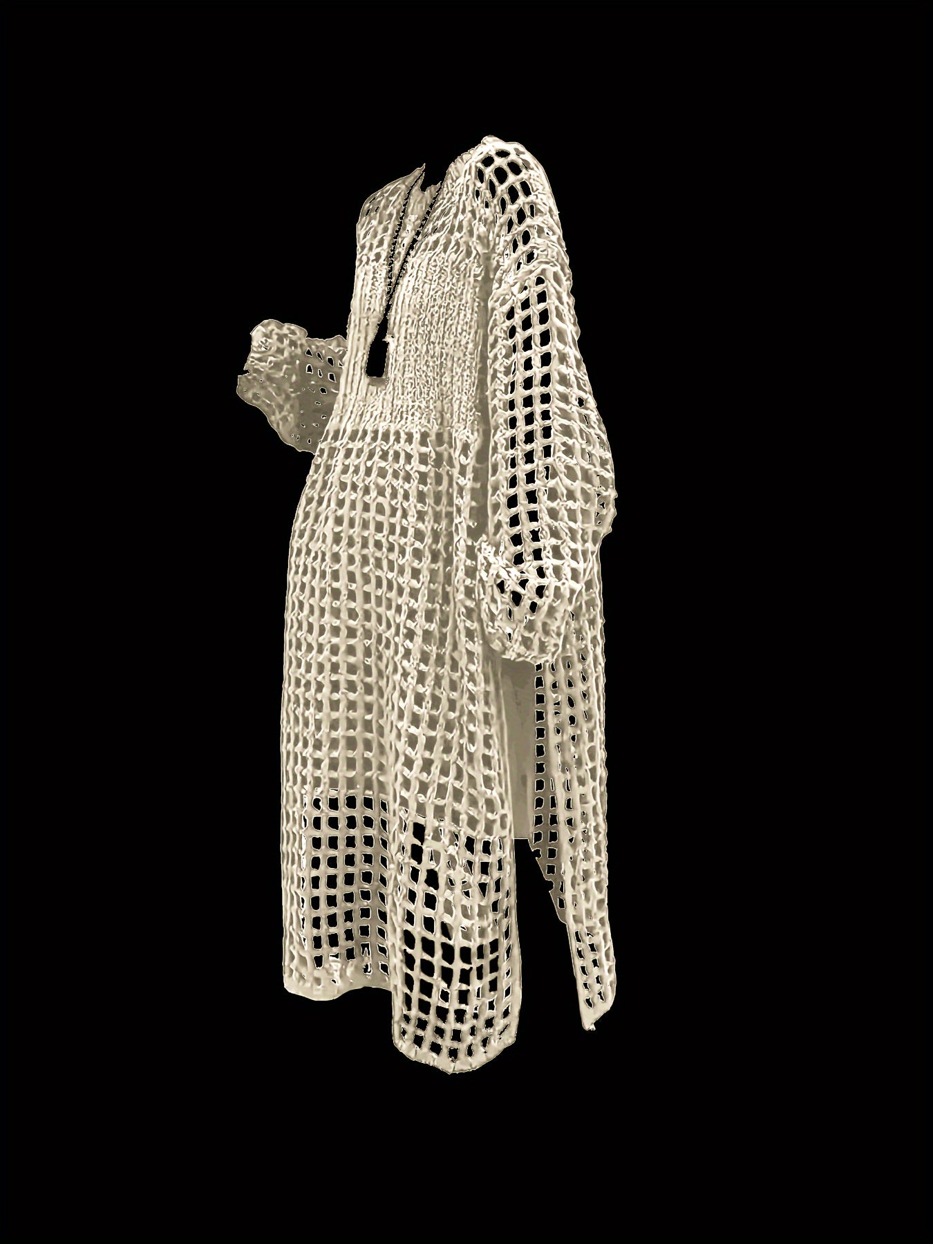 Qora to'qilgan plyaj kiyimi, uzun qo'l, bo'sh joyli, tənəffüs qiladigan polyester aralashmasi, ta'til uchun kiyinadigan qoplama