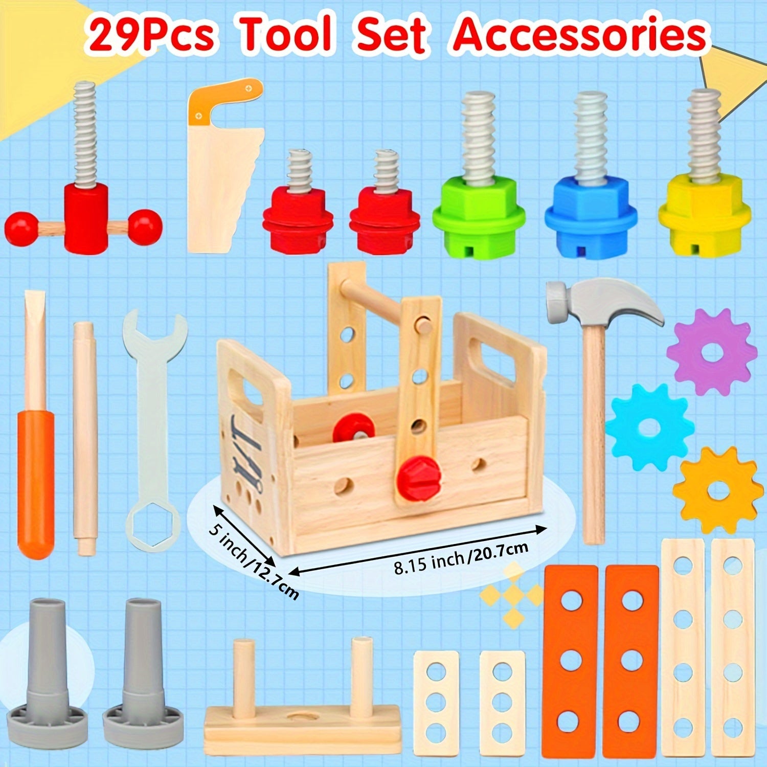 29-Piece Wooden Tool Set for Kids with Storage Box STEM Educational Toys for Ages 3-6