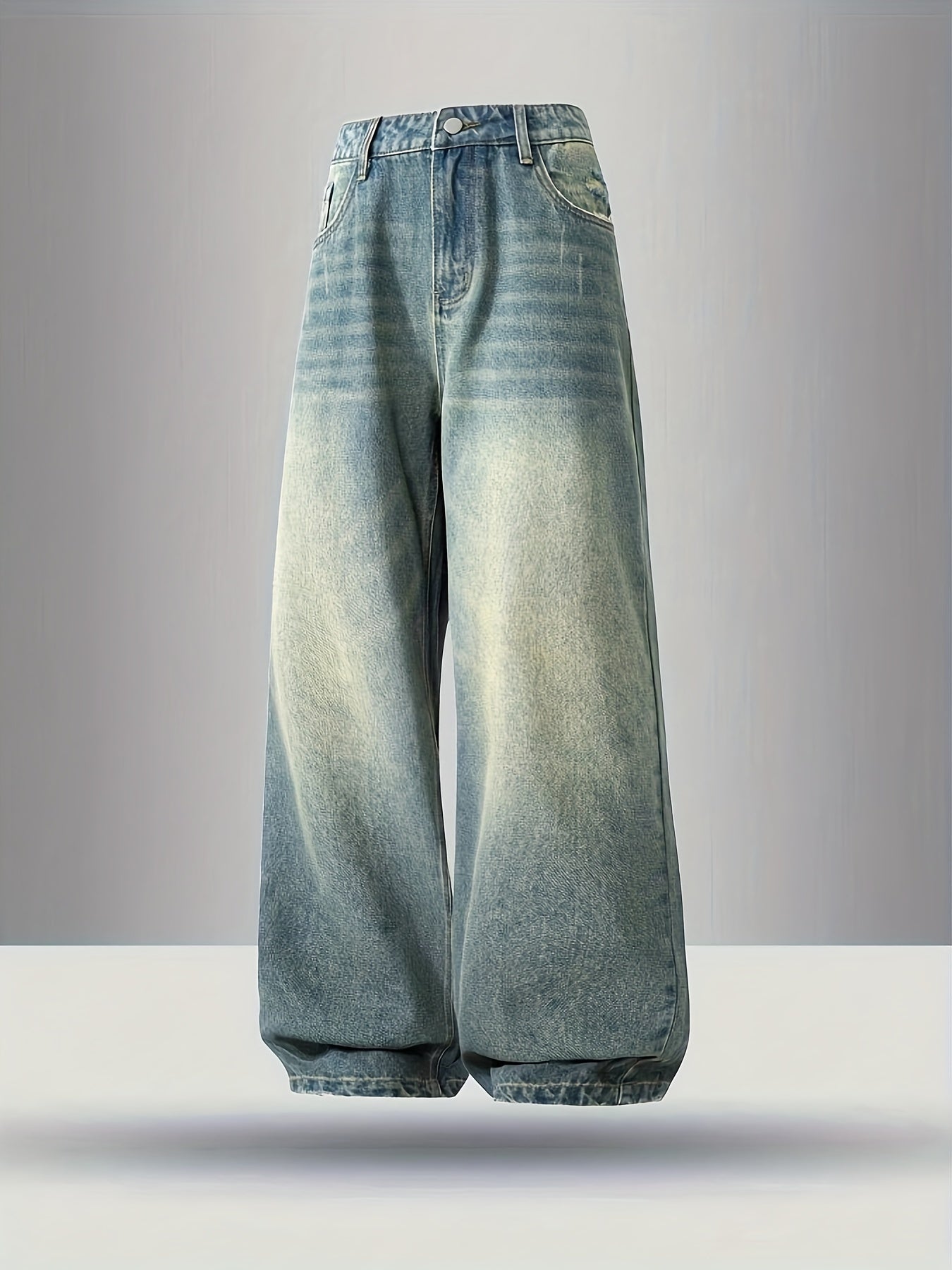 Men's Loose Fit Wide Leg Denim Jeans Cotton Raw Wash All-Season