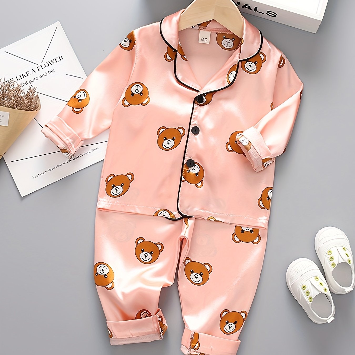 Kids Long Sleeve Cartoon Bear Pajamas Set Satin Casual Spring Fall