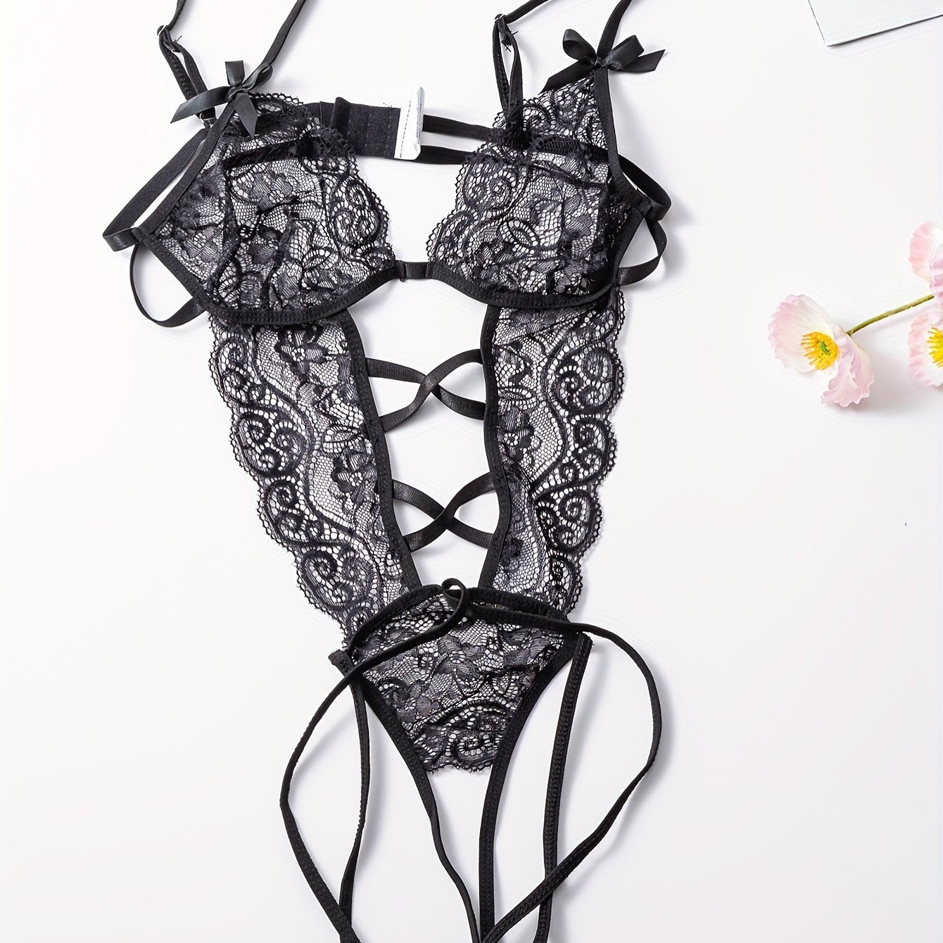 Women's Floral Lace Teddy with Bow Knot Detail Backless Thong Bodysuit