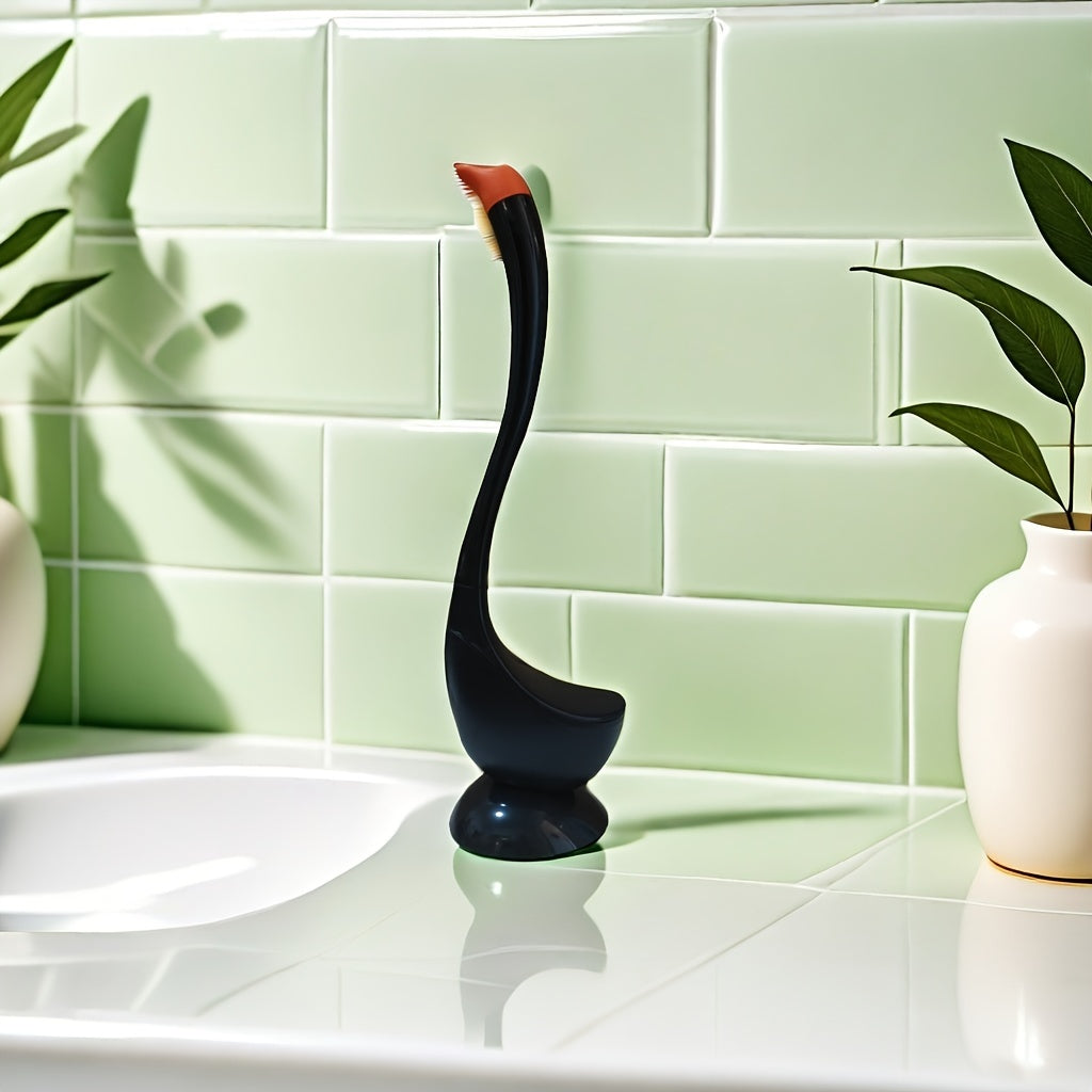 Swan-Shaped Toilet Brush with Angled Bristles Floor Mount No-Drill Long Handle Medium Firm